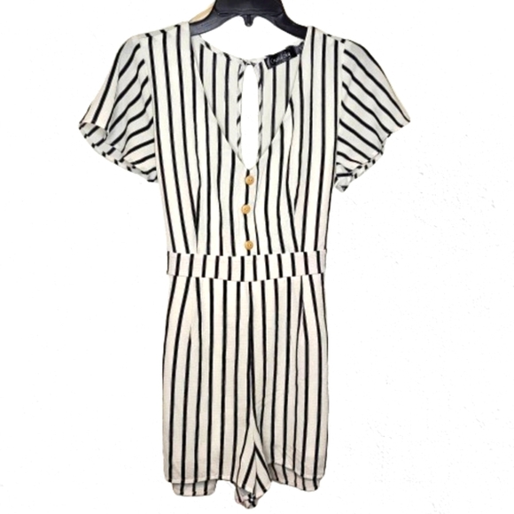 Crystal Sky White Navy Blue Striped Belted Nautical Sailor Juniors Romper 11 - Picture 1 of 12